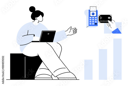 Cashless payment. A woman using a laptop, contactless card transaction at a payment terminal, and rising charts highlight cashless payment trends. For fintech, e-commerce, technology, data analytics