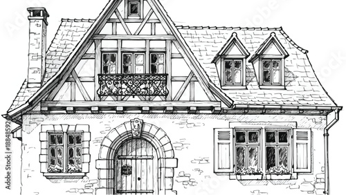 Tudor style cottage with timber framing sketch