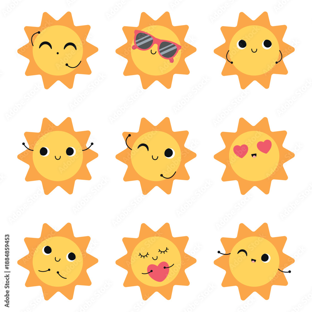 Fototapeta premium Collection of suns with different emotions. Isolated on a black background. Vector illustration in flat style