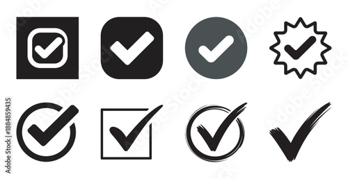 Checkmark icons set with different styles including square, circle, and brush stroke for verification