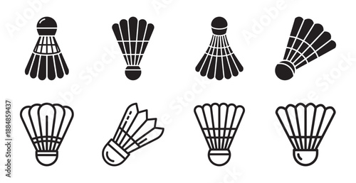 A collection of black and white shuttlecock icons for badminton sports equipment