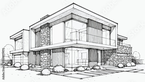 Modern glass villa with stone wall accents sketch