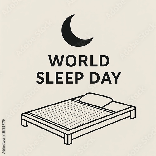 Wallpaper Mural World Sleep Day Minimalist Bed Moon - Black Beige Simple Line Art Design Torontodigital.ca