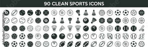 A comprehensive collection of 90 clean sports icons featuring various balls and equipment
