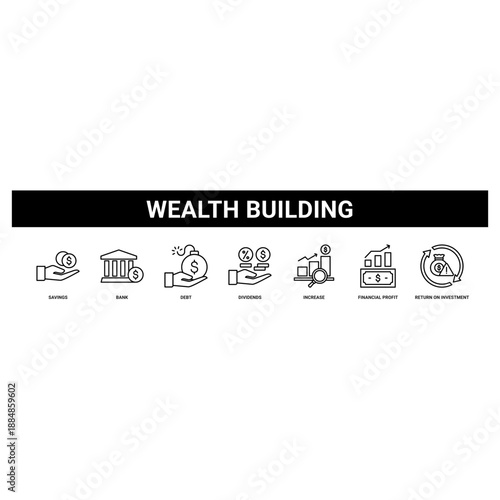 Wealth Building web banner icon set collection solid style.