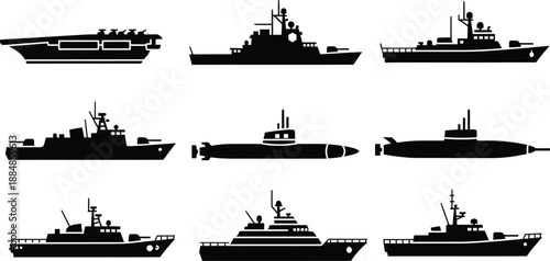 Black naval ships collection illustration with various vessels on transparent background silhouette