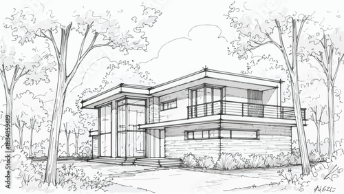 Contemporary glass villa in wooded landscape sketch
