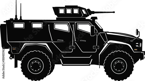 Detailed black armored vehicle side view illustration on transparent background silhouette