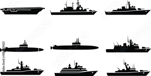 Collection of naval warships including submarines and destroyers in black silhouette on transparent background