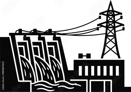 Hydroelectric power station with transmission towers a striking black silhouette on transparent background