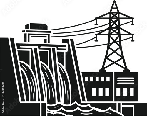 Hydroelectric power plant and transmission towers graphic a detailed black silhouette on transparent background
