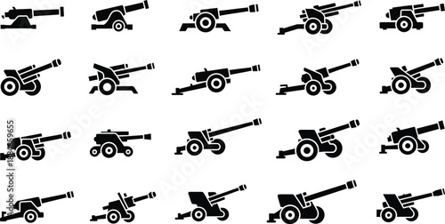 Multiple cannon icons in different styles arranged in rows on transparent background silhouette