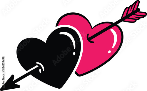 Two hearts pierced by an arrow a romantic emblem on transparent background silhouette