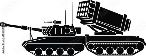 Detailed black tank silhouette illustration with multiple rocket launchers on transparent background