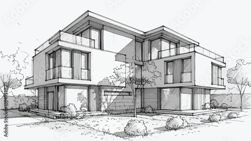 Contemporary duplex house with shared terrace sketch