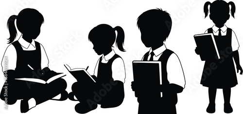 Four children reading books in a classroom setting black and white on transparent background silhouette