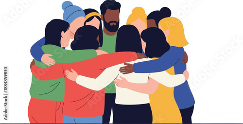 Diverse group of people embracing in a close huddle on transparent background silhouette