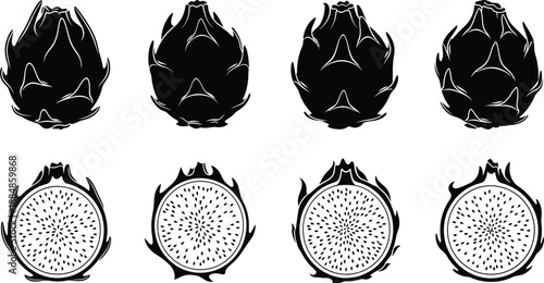 Four dragon fruit silhouettes and cut sections on transparent background