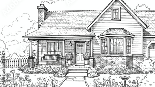Suburban house with bay window and garden sketch