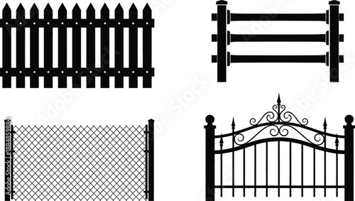 Black fence variations including picket rail chain link and ornate gate on transparent background silhouette