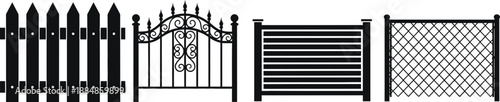 Various black metal gate designs and fence panels on transparent background silhouette