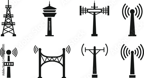 Variety of communication towers and antenna icons in black silhouette on transparent background