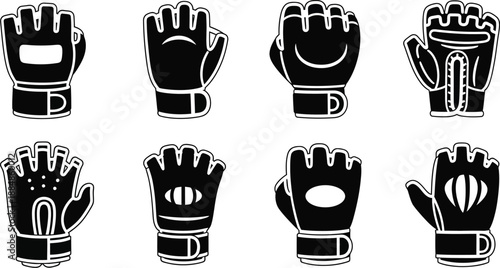 Four pairs of boxing gloves in various styles on transparent background silhouette