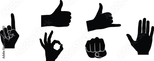 Black hand gestures including thumbs up pointing and ok signs on transparent background silhouette