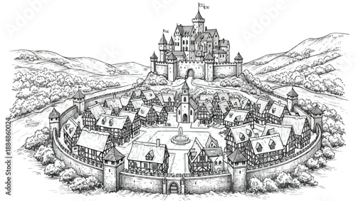 Medieval castle fortification on a hill sketch