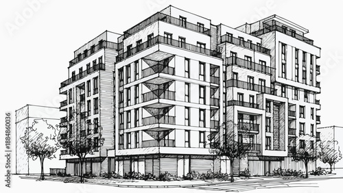 Modern high-density apartment block architectural sketch