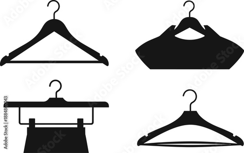 Four black clothing hangers in various designs on transparent background silhouette