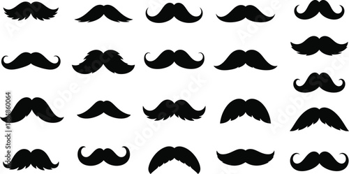 Variety of black mustaches in different styles on transparent background silhouette