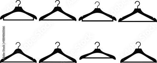 Collection of black clothing hangers arranged in rows ideal for design projects on transparent background silhouette