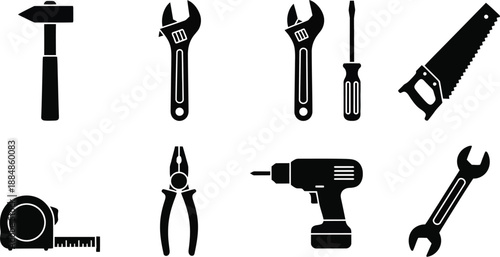 Black tool icons including hammer wrench pliers drill and saw silhouette on transparent background