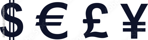 Currency symbols of dollar euro pound and yen presented as a dark silhouette on transparent background