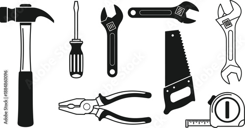 Collection of essential hand tools including hammer wrench saw and pliers on transparent background silhouette