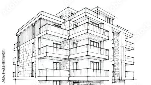 Modernist tiered apartment building technical sketch