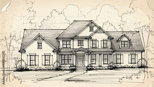 Grand colonial mansion with front porch sketch