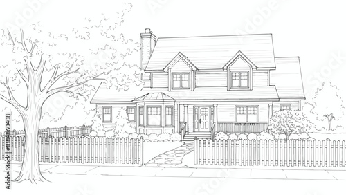 Suburban house with picket fence and trees