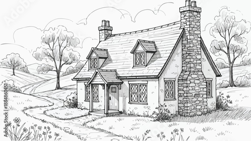 Quaint cottage with stone chimney and garden path