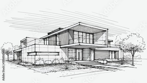 Modernist luxury villa with unique roofline sketch