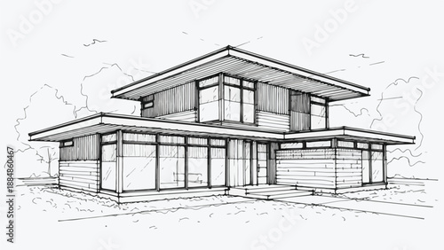 Modern flat roof suburban house with large windows