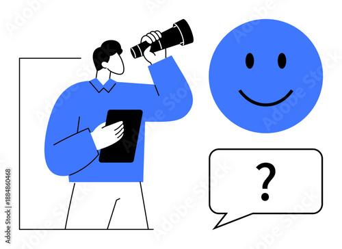 Communication concept. Communication ed by a man with a telescope and questioning bubble. Communication involves understanding, exploration, and human interaction. Great for projects on curiosity