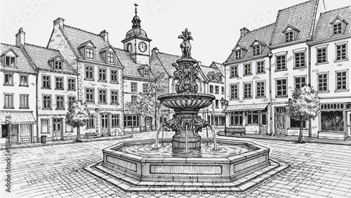 European city square with large fountain and shops
