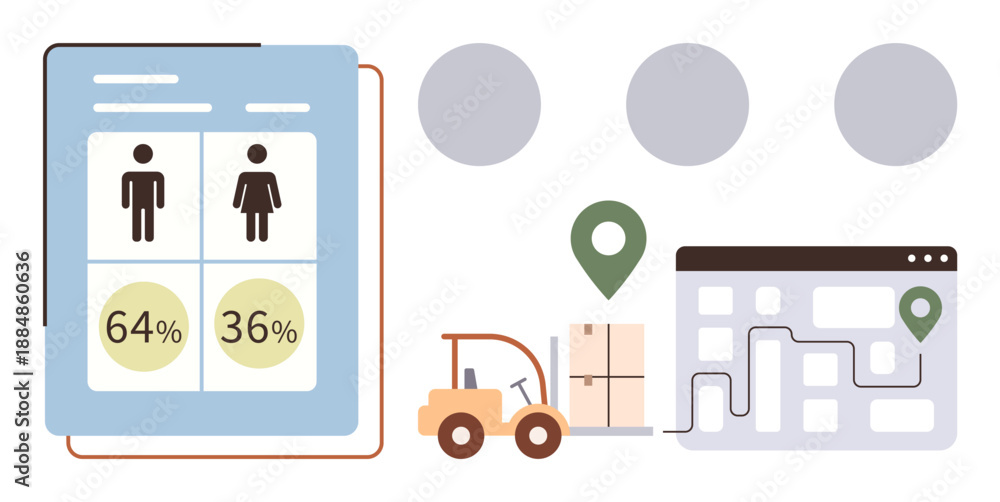 Naklejka premium Business analytics, gender data, logistics, delivery management, route navigation, supply chain. Infographic includes a gender report, forklift map pointer route. Gender data and logistics concept