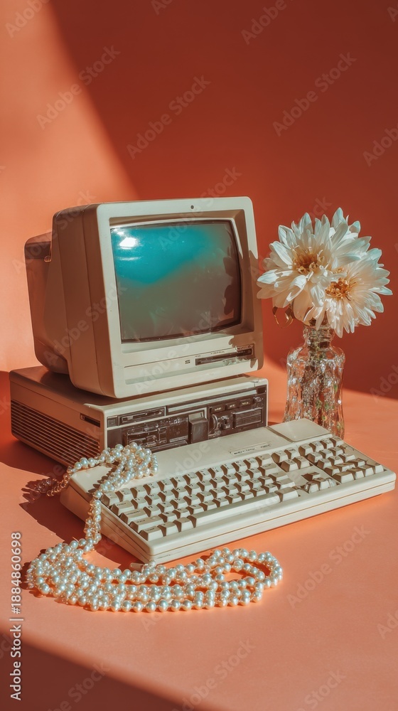 Fototapeta premium Vintage computer with pearl necklace and flowers on retro desk setup