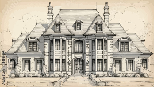 Grand french chateau with symmetrical wings sketch