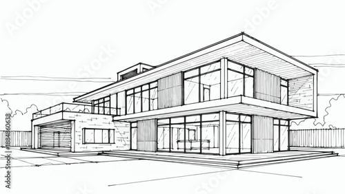 Modernist multi-level villa with flat roof sketch