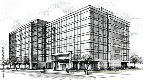 Modern glass office building perspective sketch
