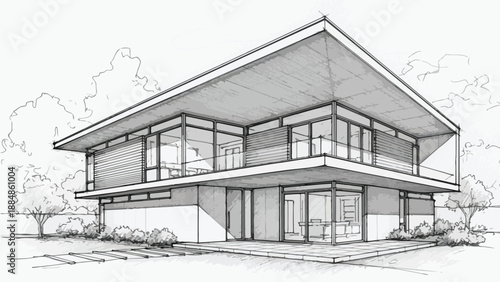 Modernist house with dramatic shed roofline sketch